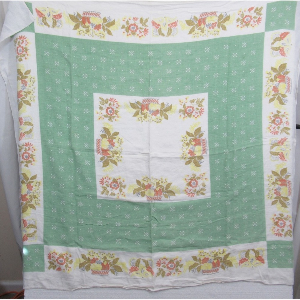 Vintage Floral Fruit Print Square Tablecloth Linen/Cotton 45x50